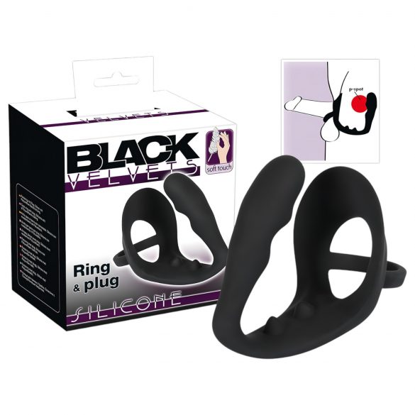 Black Velvet - Plug ondulado con anillo de pene y testículos (negro)