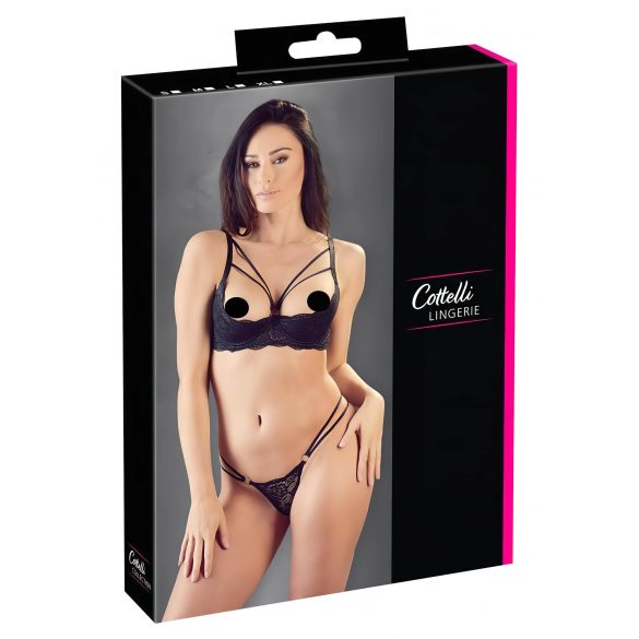 Cottelli - Sujetador realzador con anillos y tanga (negro) - 75C/S