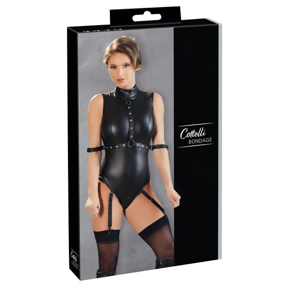 Cottelli Bondage - body brillante sin mangas con esposas (negro)